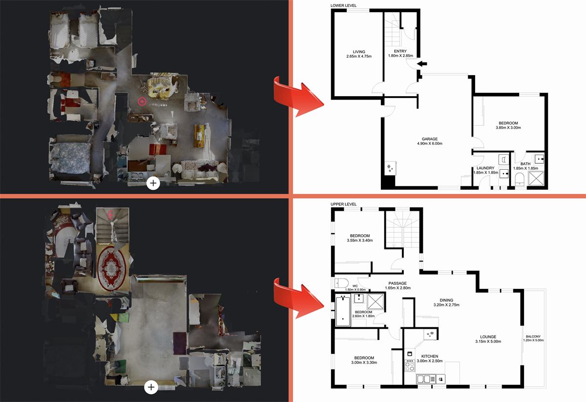 Matterport scan converted into clean black and white real estate floor plans by PixelShouters