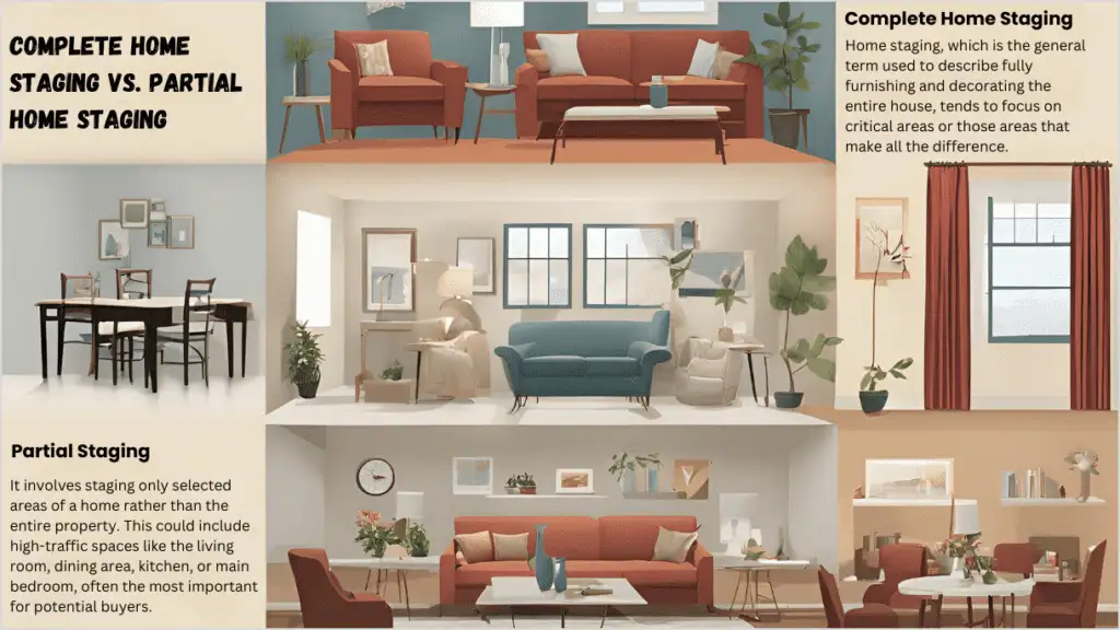 Comparison of two living rooms, one fully staged and one with partial home staging, showcasing the difference in style and impact