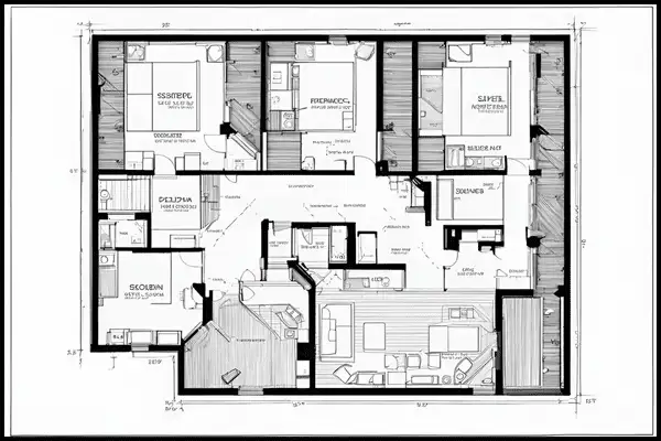 Black and white business floor plan illustrating a detailed layout of office spaces, meeting rooms, and workstations in a professional building