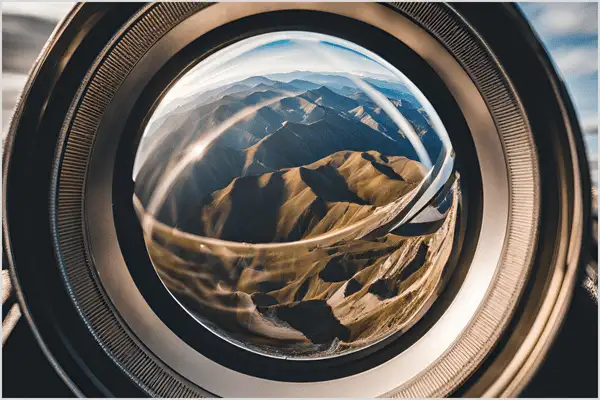 Close-Up with a Wide-Angle Lens A camera lens reflecting a mountain landscape, demonstrating the perspective of a wide-angle lens.