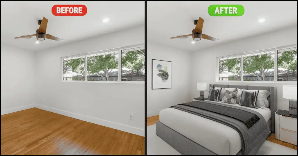 Before and after bedroom staging transformation showing a cluttered space turned into a clean, neutral-toned bedroom with styled bed and natural lighting