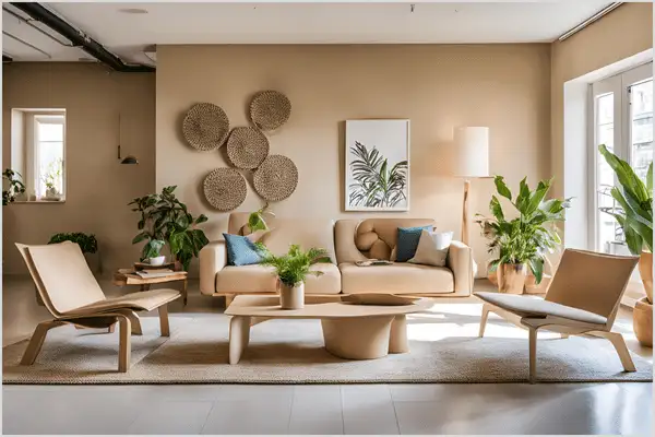 Outdoor space staged with home staging cardboard furniture, featuring a sofa and chairs, creating a cozy and inviting patio area