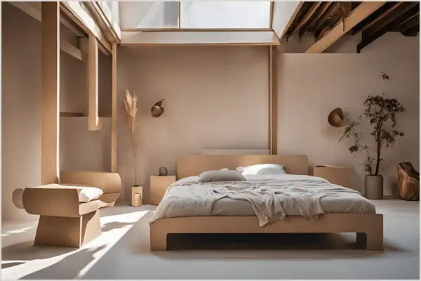 Bedroom staged with home staging cardboard furniture, including a bed frame and nightstands, enhanced with cozy decor and natural lighting