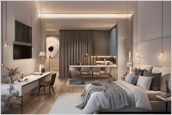 How to stage a bedroom with advanced virtual staging techniques, showcasing realistic furniture placement, neutral tones, and a calming atmosphere