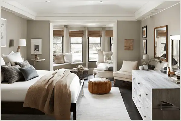 How to stage a bedroom by setting up separate areas, including a cozy seating corner and workspace, in a spacious master bedroom