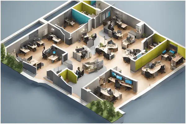 Isometric 3D business floor plans displaying a detailed, angled view of office spaces and functional areas in a commercial property