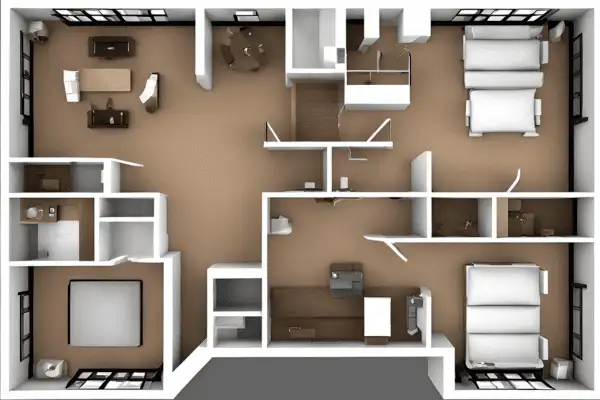 Overhead 3D commercial real estate floor plans of a home, showcasing a detailed top-down view of room layouts and living spaces