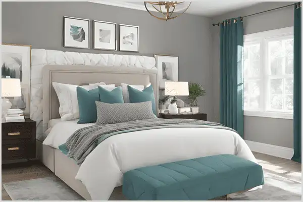 stage a bedroom with a designer-styled bed featuring layered pillows, neutral bedding, and a cozy throw for a luxurious look