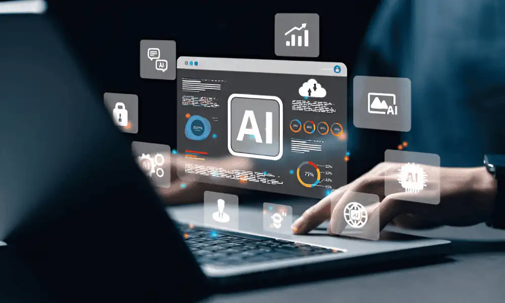 Graphic showing AI data analysis in real estate photo editing, featuring charts and processing visuals