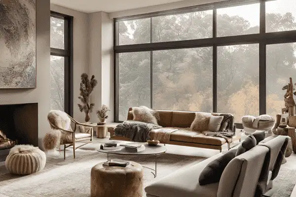 Stylish interior photoshoot with depth and layers, showcasing a living room with foreground decor, mid-level seating, and a spacious background, creating a visually rich and dynamic composition