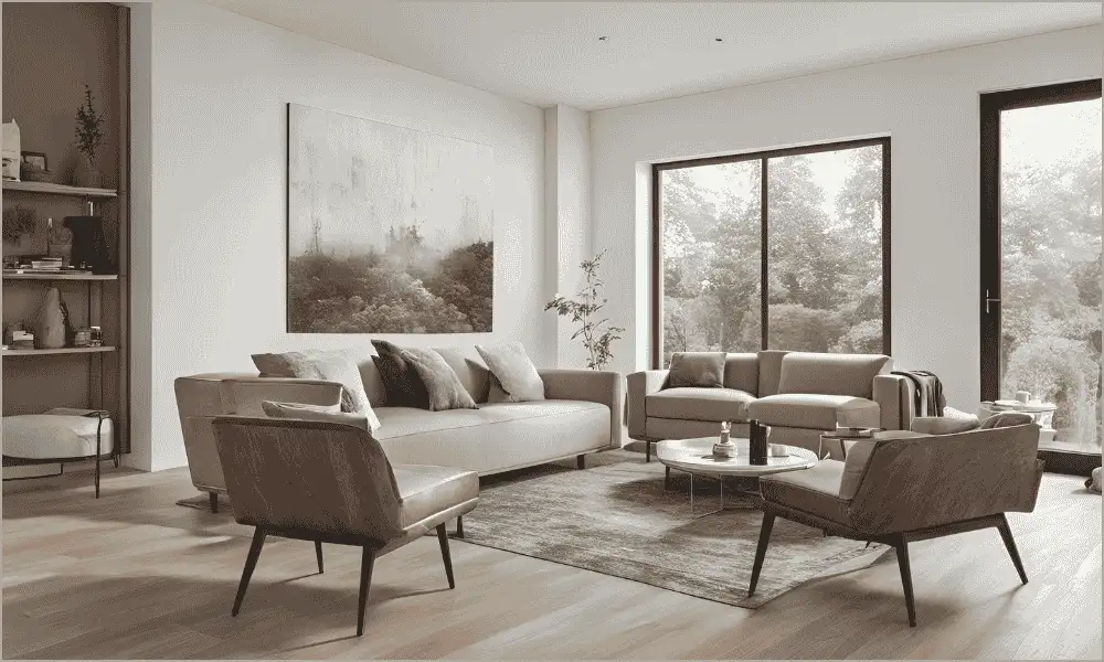 Creative furniture photo editing for real estate showcasing a stylish living room setup with perfect lighting, textures, and seamless background integration