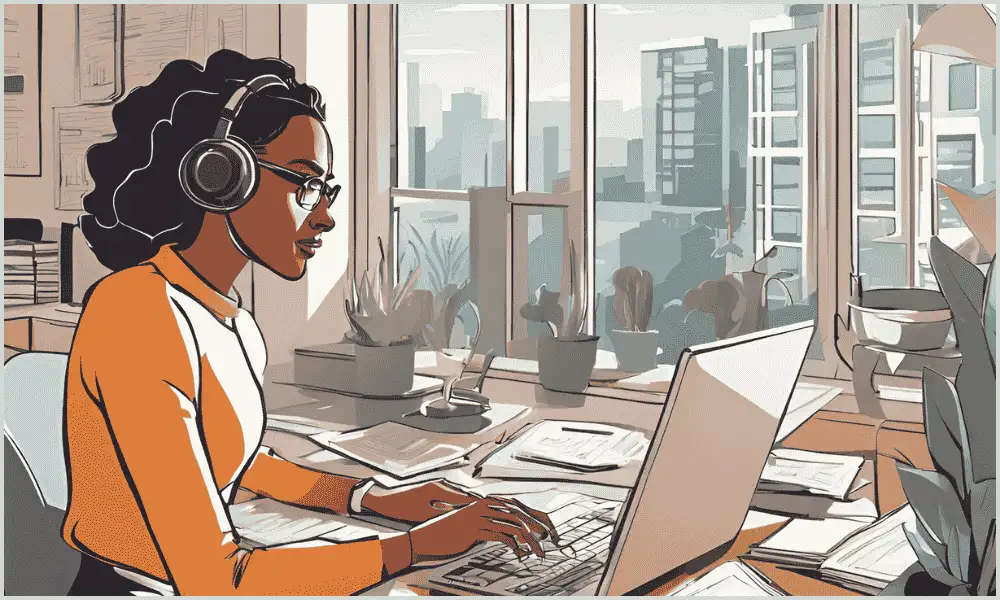 Young woman working on a laptop, representing the skills and knowledge required for a virtual transaction coordinator