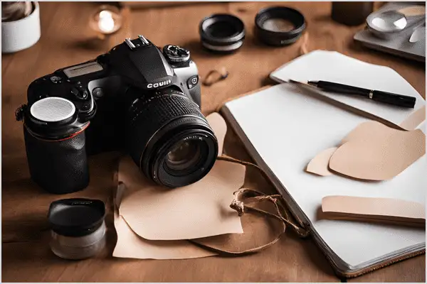 A professional dslr, wide-angle lens on a table, essential tools for an interior photoshoot