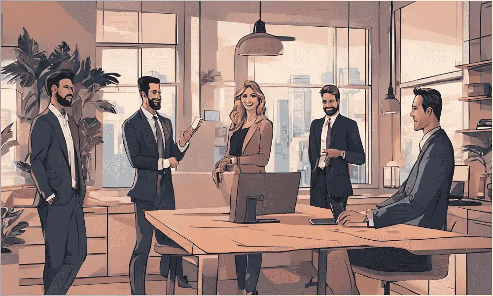 A group of employees standing and discussing real estate opportunities.