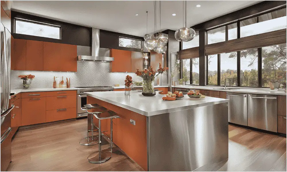 Virtually staged kitchen by Pixelshouters, featuring brown cabinets, a marble island, stainless steel appliances, and decor elements like fresh flowers and fruit for a professional photoshoot