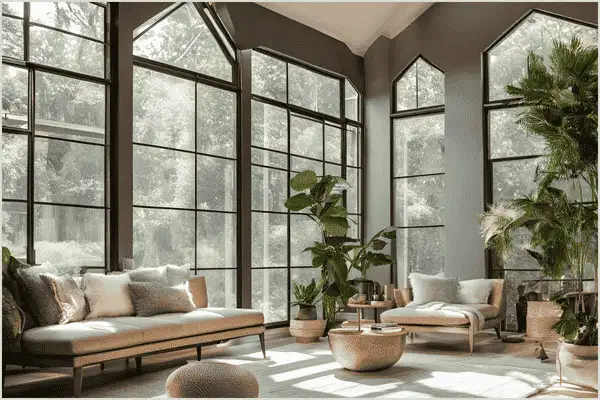Bright and well-lit interior photoshoot showcasing a living room with large windows, filled with natural light during golden hours