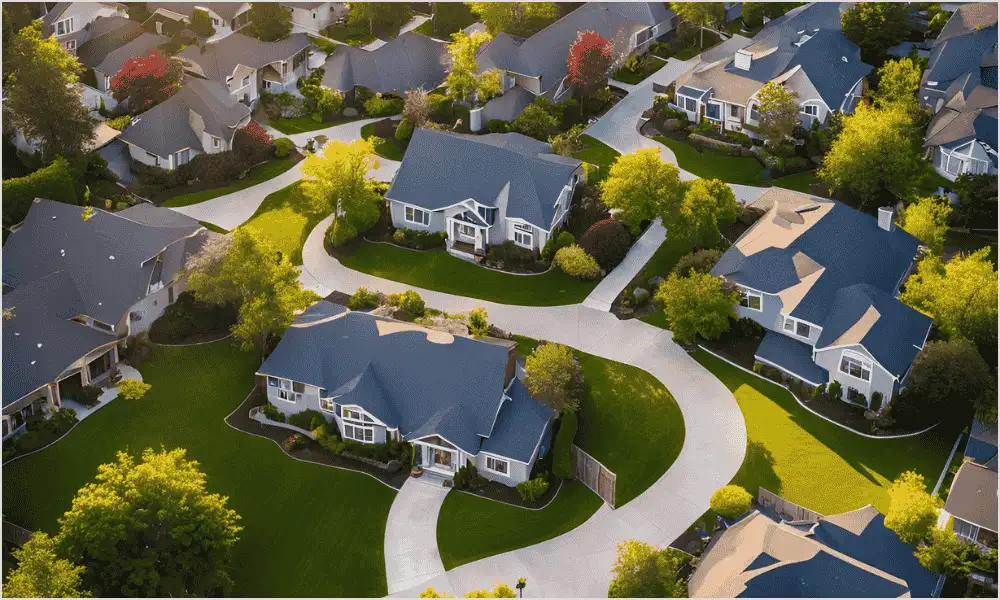 Aerial photography capturing multiple houses, showcasing the purpose and advantages of aerial photography in real estate