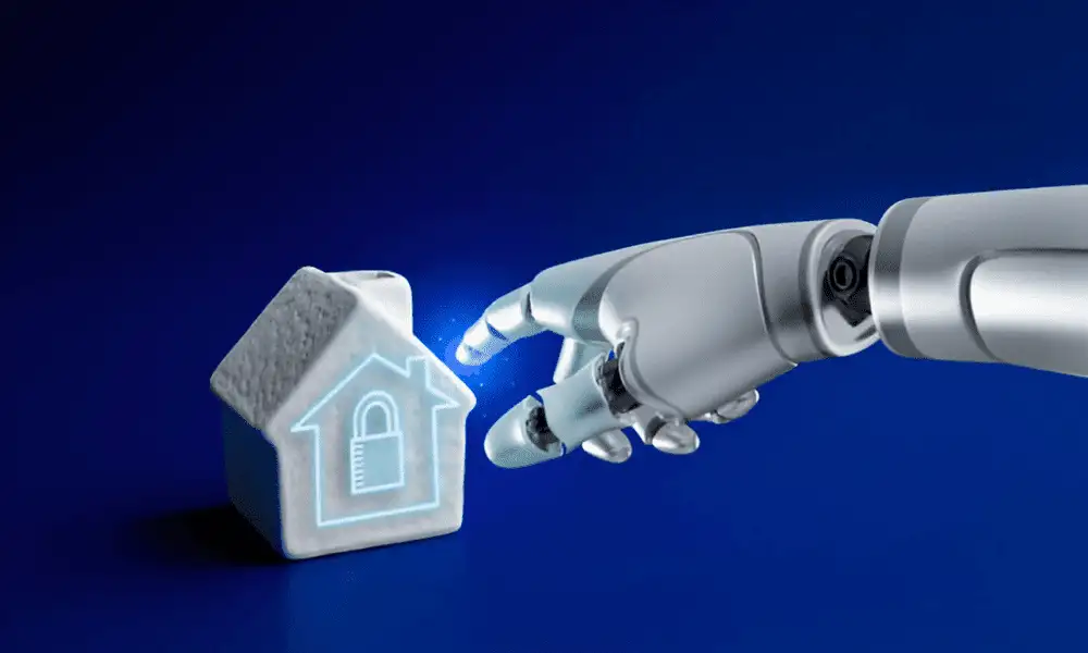 AI robot pointing toward a futuristic house, symbolizing the future of AI in real estate photo editing,