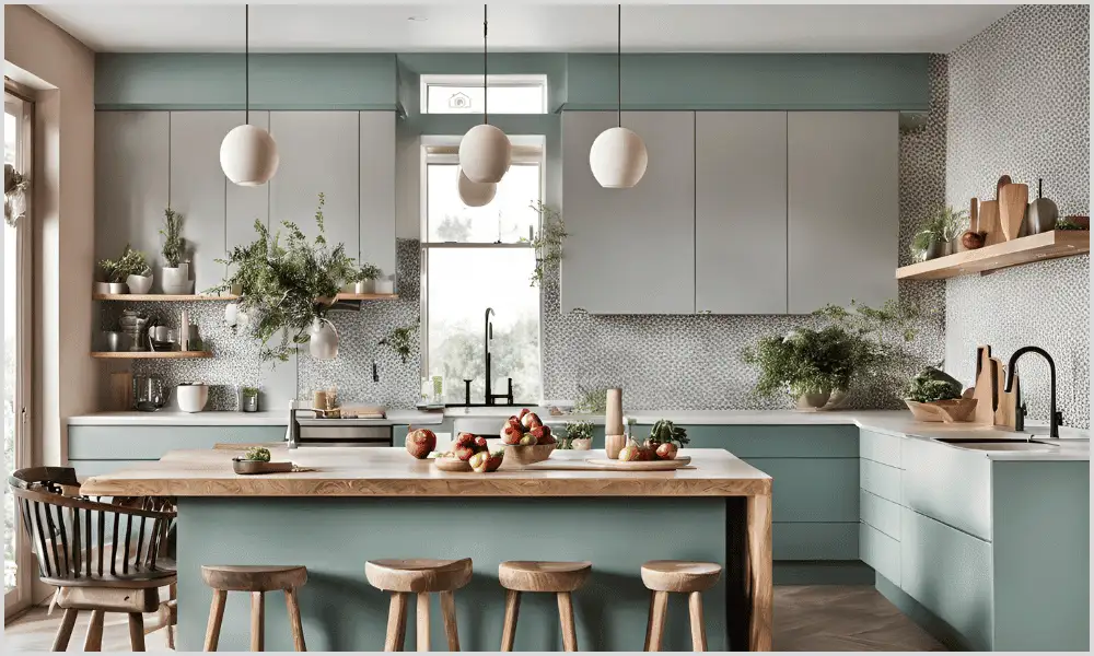 A well-staged kitchen for a photoshoot featuring sleek countertops, fresh flowers, organized open shelves, and bright natural lighting, highlighting 10 useful staging tips.