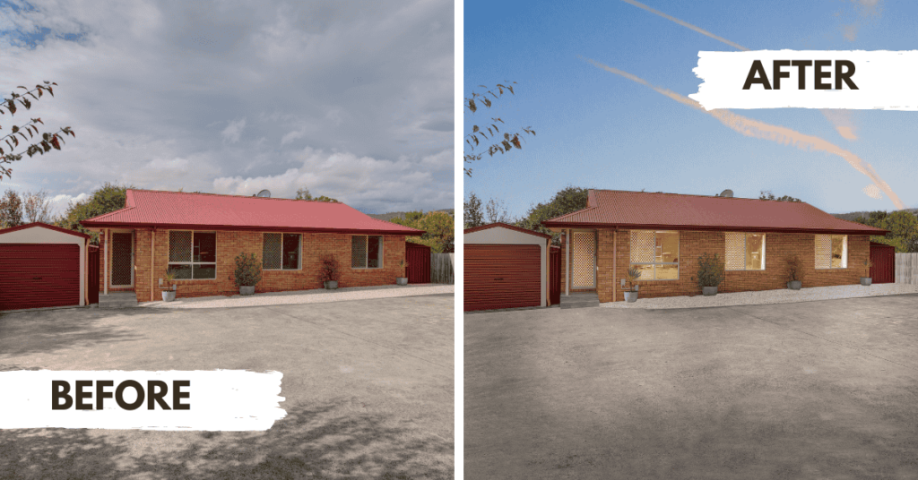 Before and after dusk shots of a hut house with a bad sky, featuring a sky replacement for a dramatic transformation