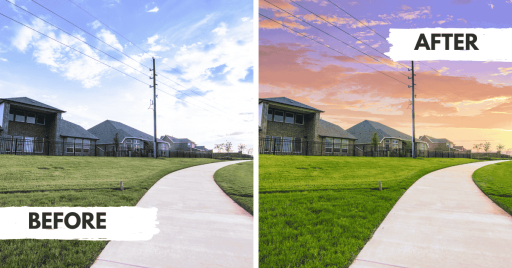 Before and after dusk shots of a street road with sky replacement, showing the transition from daylight to twilight
