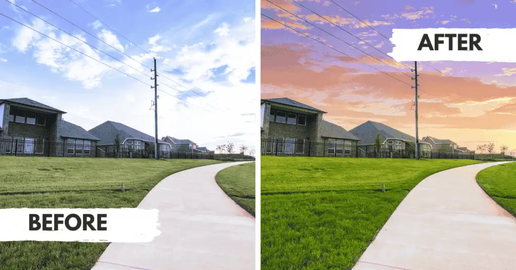 Before and after dusk shots of a street road with sky replacement, showing the transition from daylight to twilight