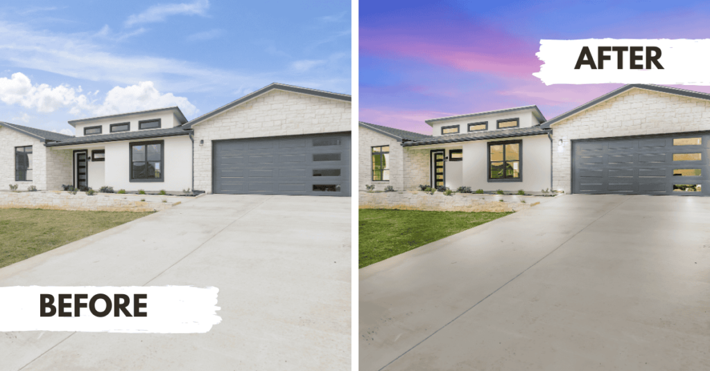 Before and after shots of a house with an enhanced sky, showcasing a vibrant transformation