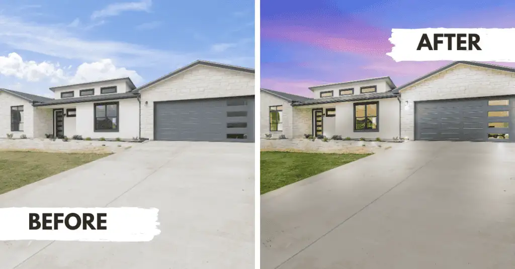 Before and after shots of a house with an enhanced sky, showcasing a vibrant transformation