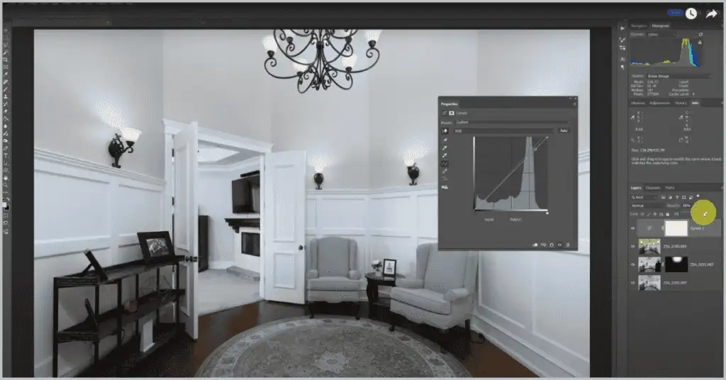 Photoshop editing software open on a computer, working on an interior image to check and remove color casts while focusing on colour matching in Photoshop.