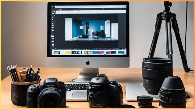 Equipment including a laptop and cameras on a table for creating a Video Walkthrough Real Estate.