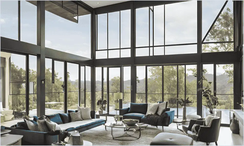 Beautifully lit modern living room with elegant furniture and large windows, showcasing professional interior real estate photography