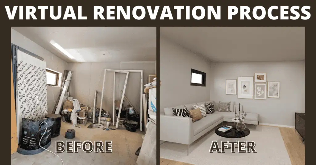 Virtual renovation of a cluttered room transformed into a tidy space with a stylish table, improved wall painting, and a polished surface