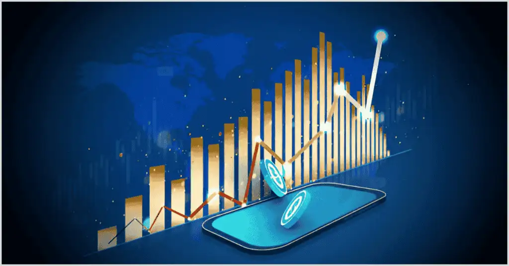 Bar graph showing trends with coins, representing the importance of investing in local marketing for a photography business