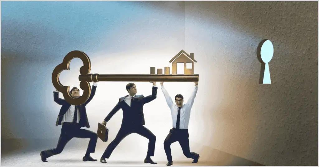Three individuals carrying a large key together, symbolizing teamwork and unlocking opportunities through the Sphere of Influence in real estate.