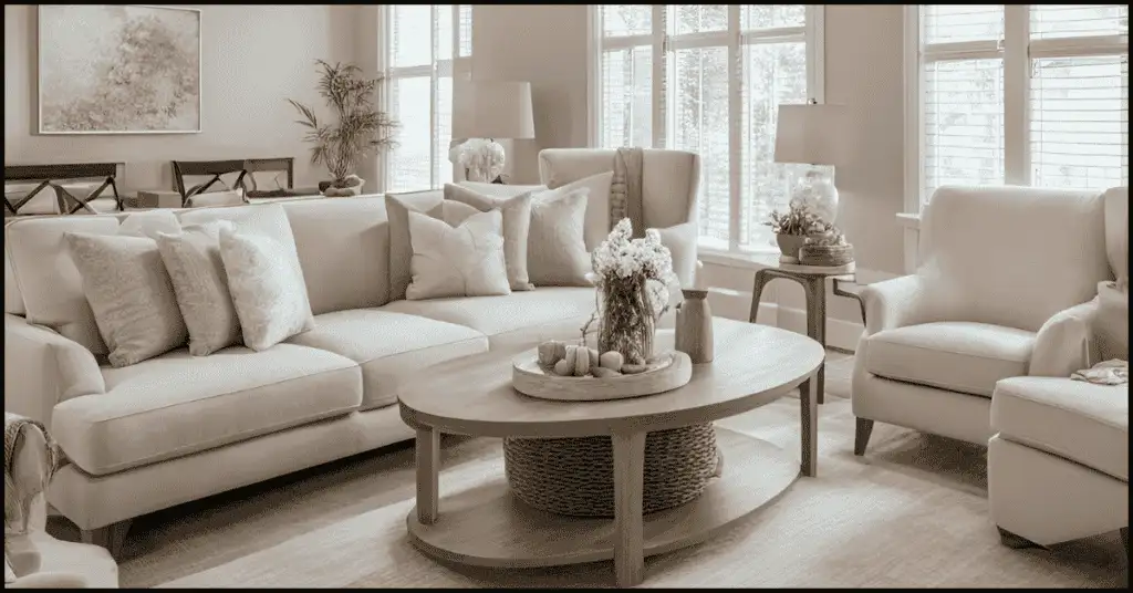 Low contrast shot of a sofa and table in an interior setting with soft lighting and muted tones.