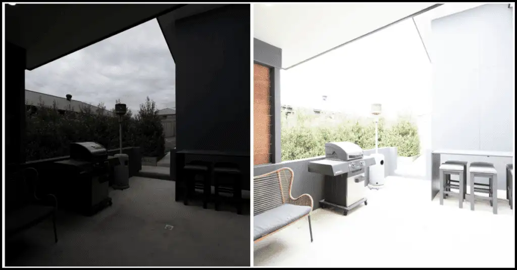 Comparison of low contrast and high contrast shots of an outdoor scene with a bench chair, showcasing different tonal effects.