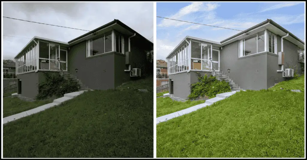 Comparison of low contrast and high contrast shots of an outdoor hut with grass, showing different tonal effects.