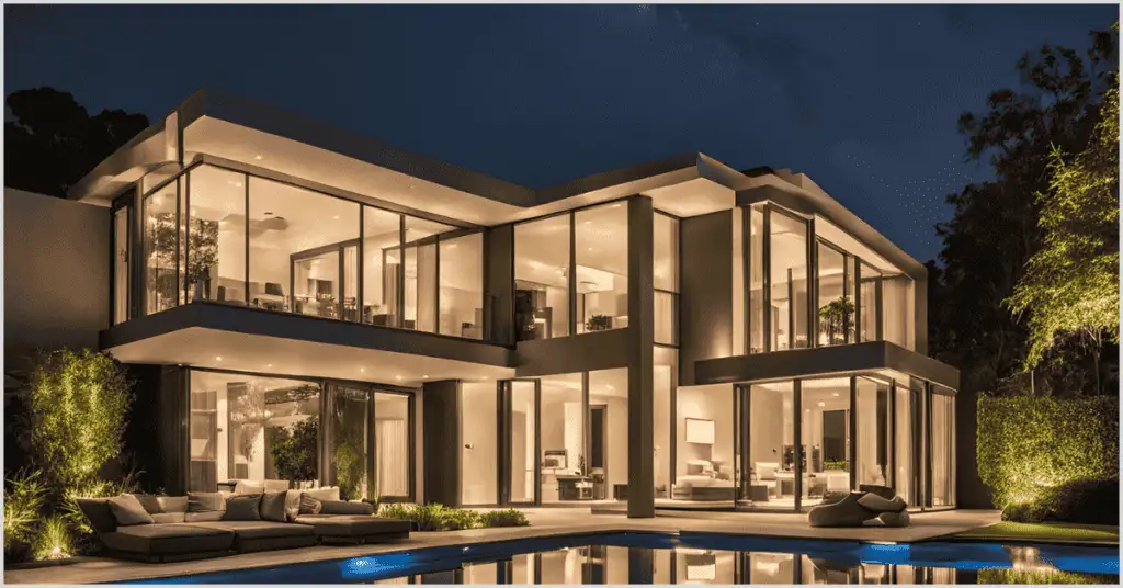 A beautiful house at night with a glowing swimming pool, illuminated by soft lighting, showcasing the property’s elegance