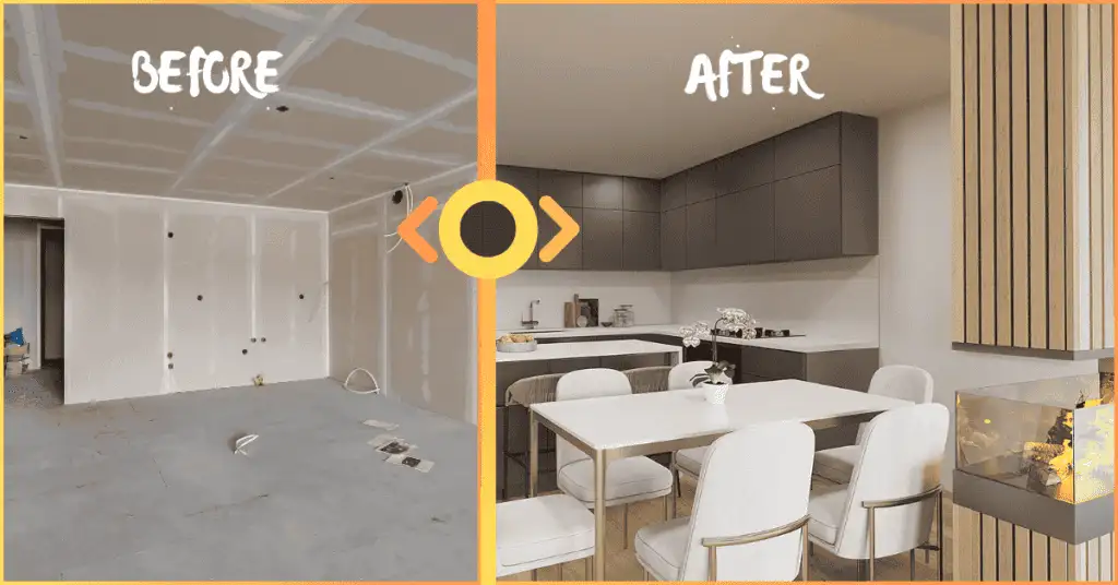 Virtual renovation showcasing an empty space transformed into a dining area with a dining table, a modern kitchen, and freshly painted walls