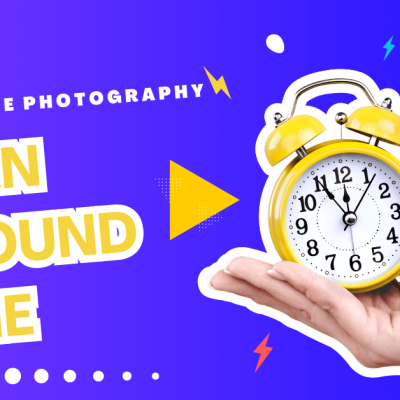 A person holding a watch displaying time, with the text "Real Estate Photography Turnaround Time" prominently featured.