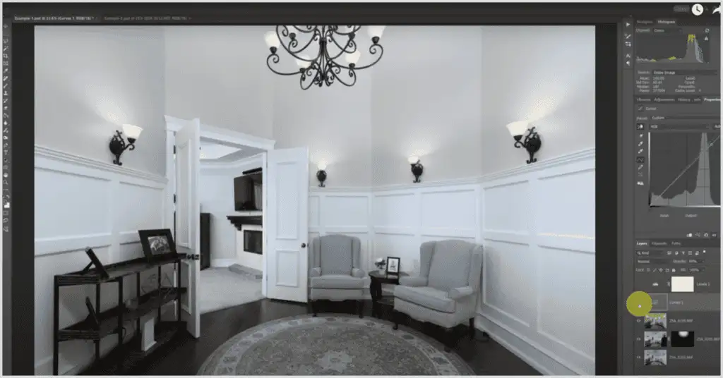 Photoshop editing software open on a computer, working on an interior image for color matching and achieving consistent tones for real estate photography
