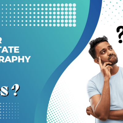 A young man standing with a thoughtful expression, imagining interior real estate photography prices, with a thought bubble showing dollar signs and a camera