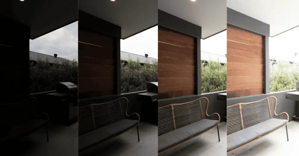 Four variations of an image showing a transition from low contrast to high contrast, illustrating the effect of filters