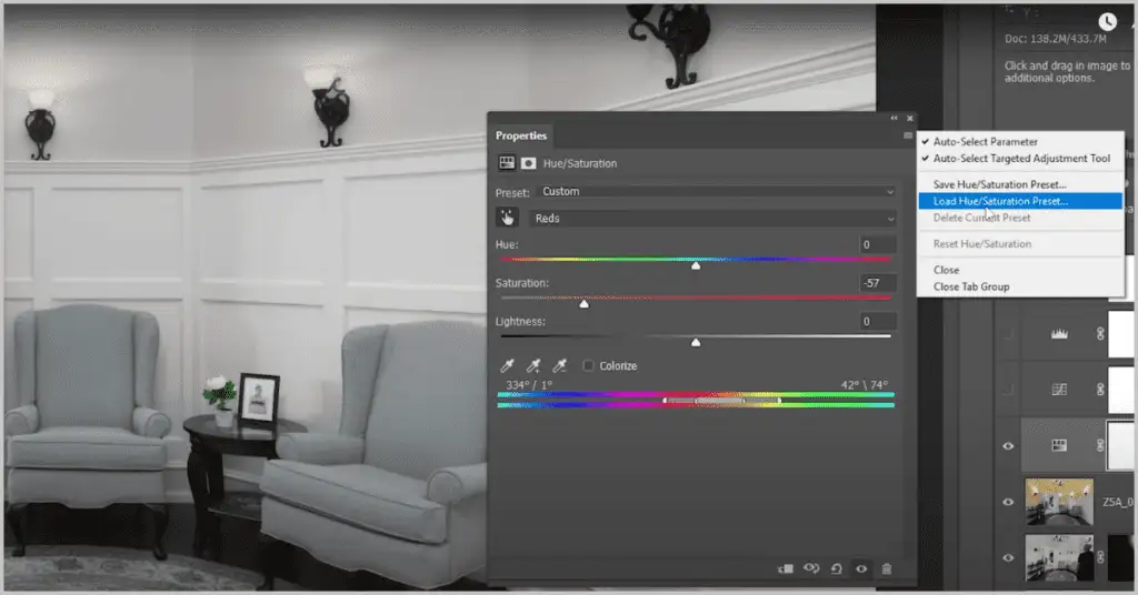 Photoshop editing software open on a computer, using adjustment layers to enhance an interior image for real estate photography.