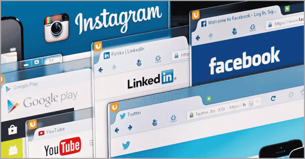 Social media sites like Facebook and LinkedIn open on a screen, illustrating how to utilize social media for marketing a photography business
