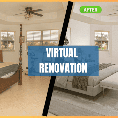 Virtual renovation of a bedroom showing a before-and-after transformation with an old bed and worn walls replaced by a modern bed and freshly painted walls.