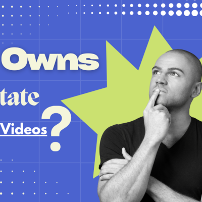 A close-up of a person's thoughtful face with the text 'Who Owns Real Estate Photos?' prominently displayed.