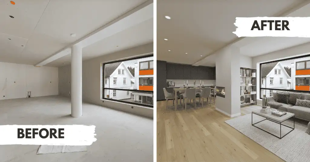 Virtual renovation of an empty space transformed into a dining area featuring a brown furniture surface, a dining table, and stylish chairs