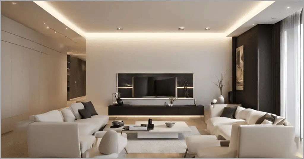 A well-lit living room featuring a cozy sofa, a stylish table, an LED TV, a modern lamp, and warm lighting, enhancing the space with professional living room staging.