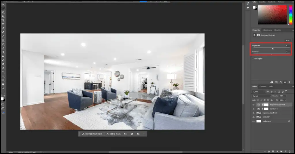 Photoshop interface showing a home interior image with a red line highlighting the Brightness and Contrast adjustment.